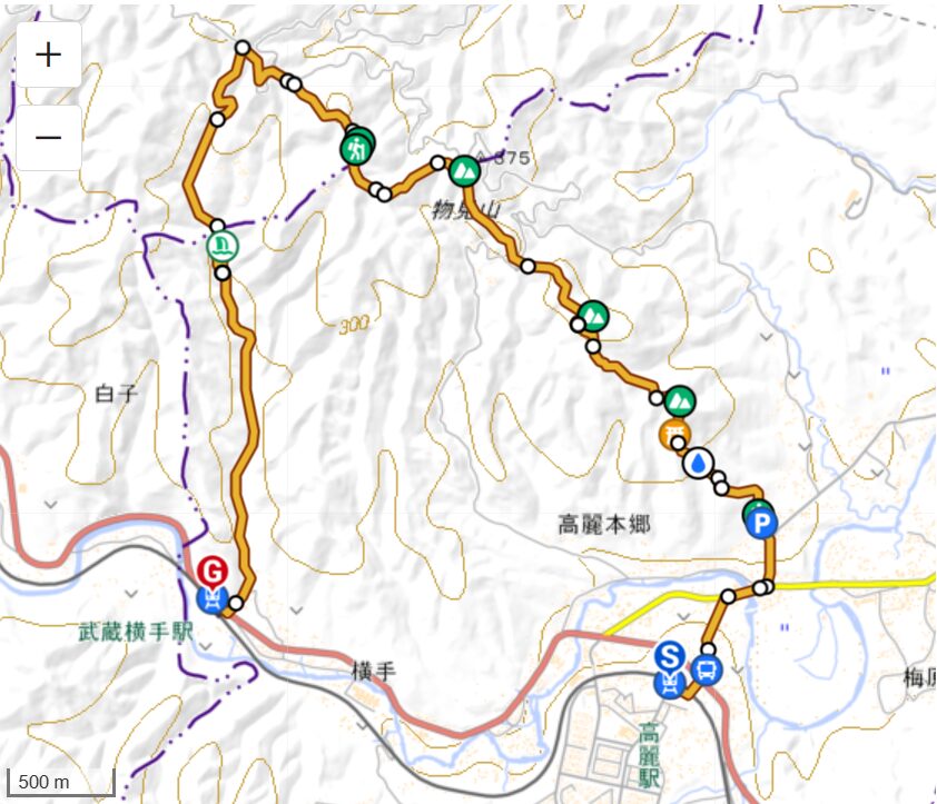 日和田山の登山コース(高麗駅~日和田山~物見山~北向地蔵~五常の滝~武蔵横手駅)