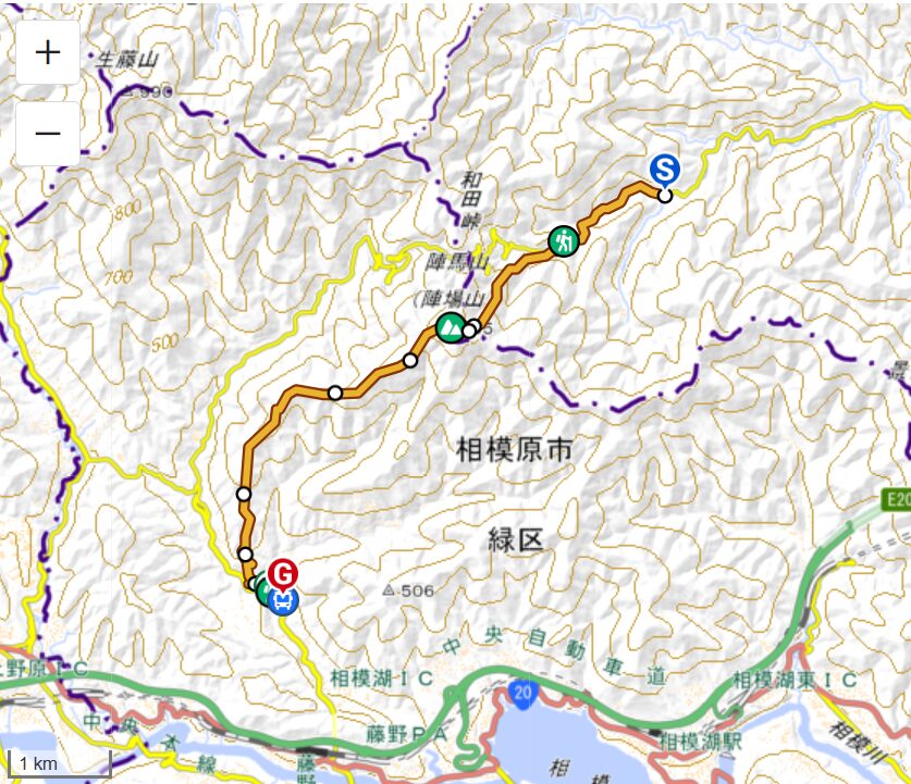 陣馬山の登山コース(新ハイキングコース→一ノ尾尾根コース)