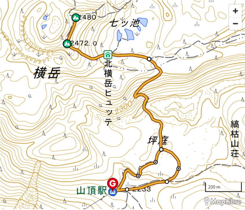 北横岳の登山コース(ロープウェイ山頂駅~北横岳往復コース)