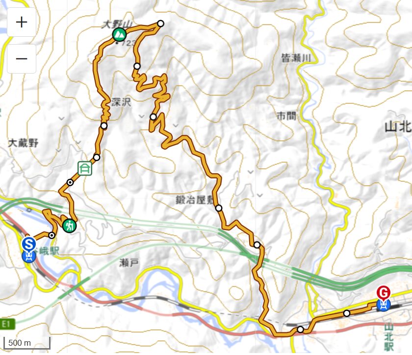 大野山の登山コース（谷峨駅→大野山→山北駅）